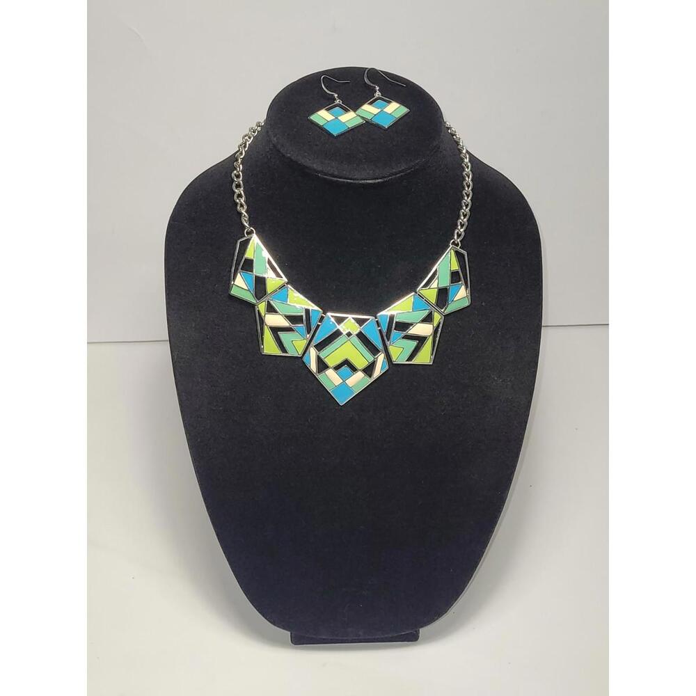 Silvertone Chainlink Necklace Earrings Set MultiColor Enamel Bib Style Dangle